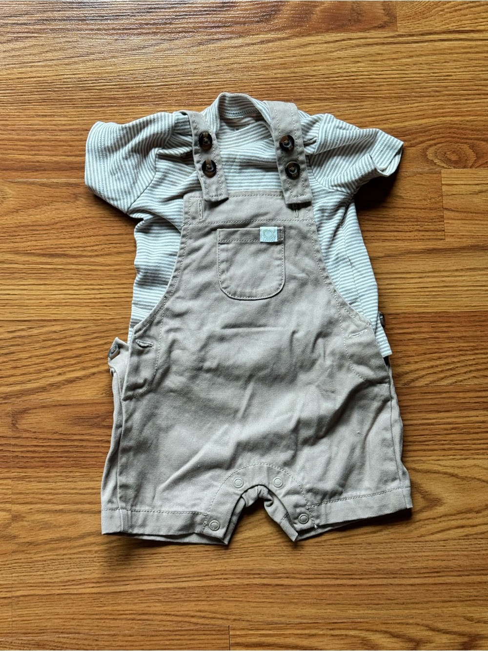 Carter's Tan Short Overalls with Cream Striped Tee